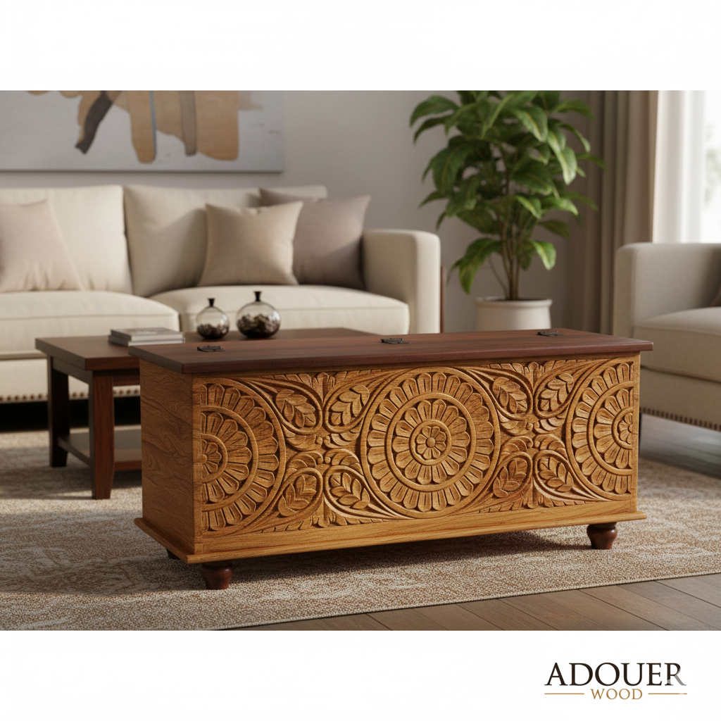 Carved wooden coffee table in a living room setting with 'ADOUER WOOD' branding.