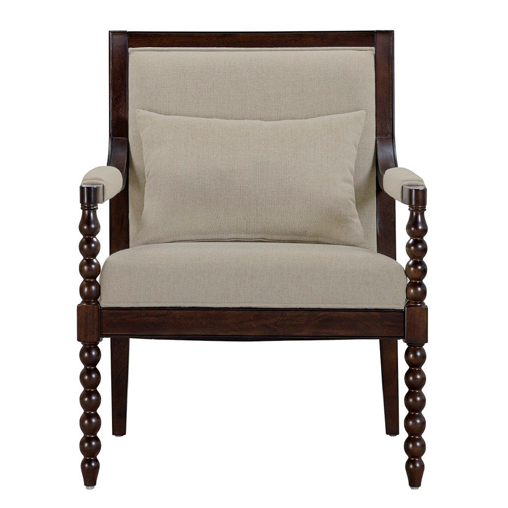 Chair with wooden frame and beige cushion on a white background