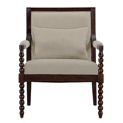 Chair with wooden frame and beige cushion on a white background