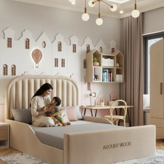 Child's bedroom with a bed, shelves, and a woman reading to a child.