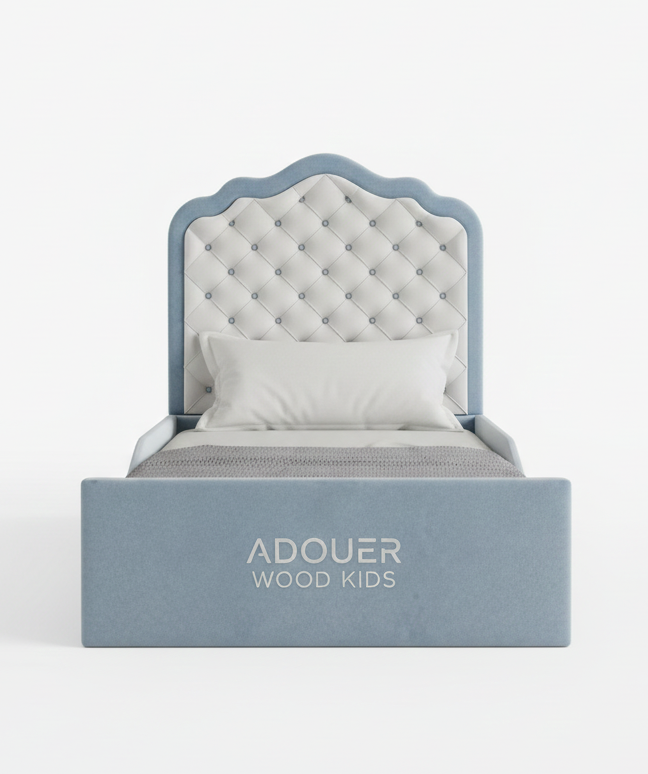Children's bed with tufted headboard and 'ADOUER WOOD  Kids' branding on a white background