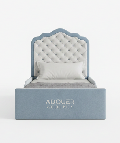 Children's bed with tufted headboard and 'ADOUER WOOD  Kids' branding on a white background