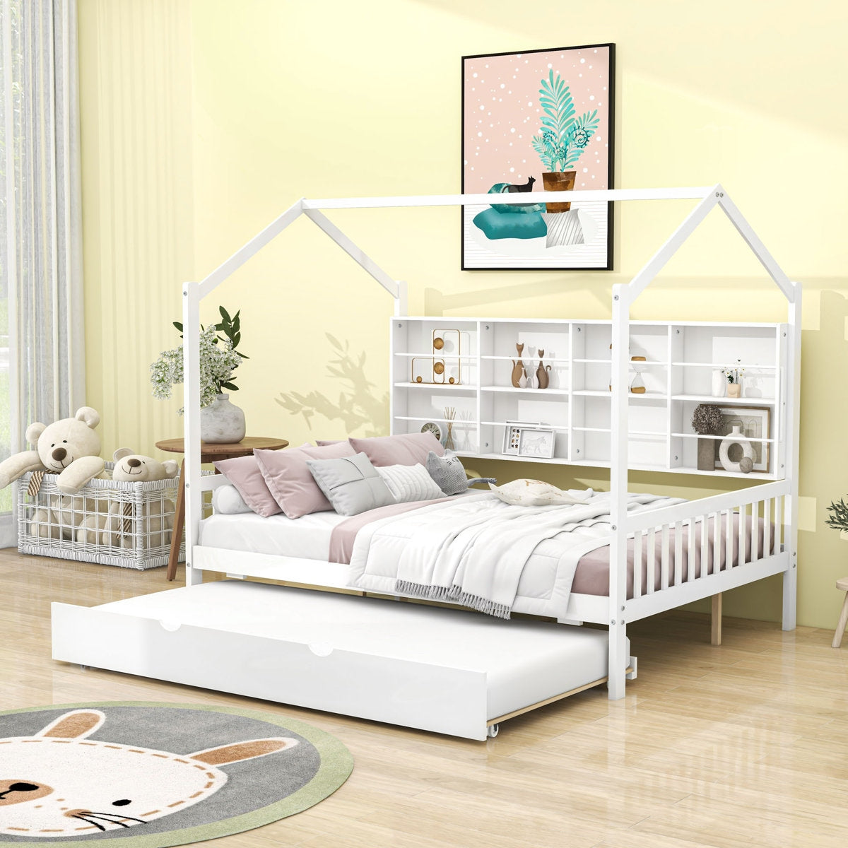Children's room with a white house-shaped bed and bookshelf.