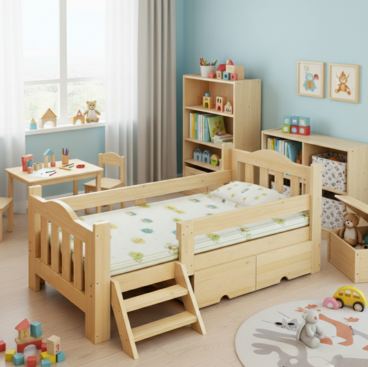 Children's bedroom with wooden bed, bookshelves, and toys.