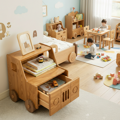 Children's room with wooden furniture shaped like a truck and children playing with toys.