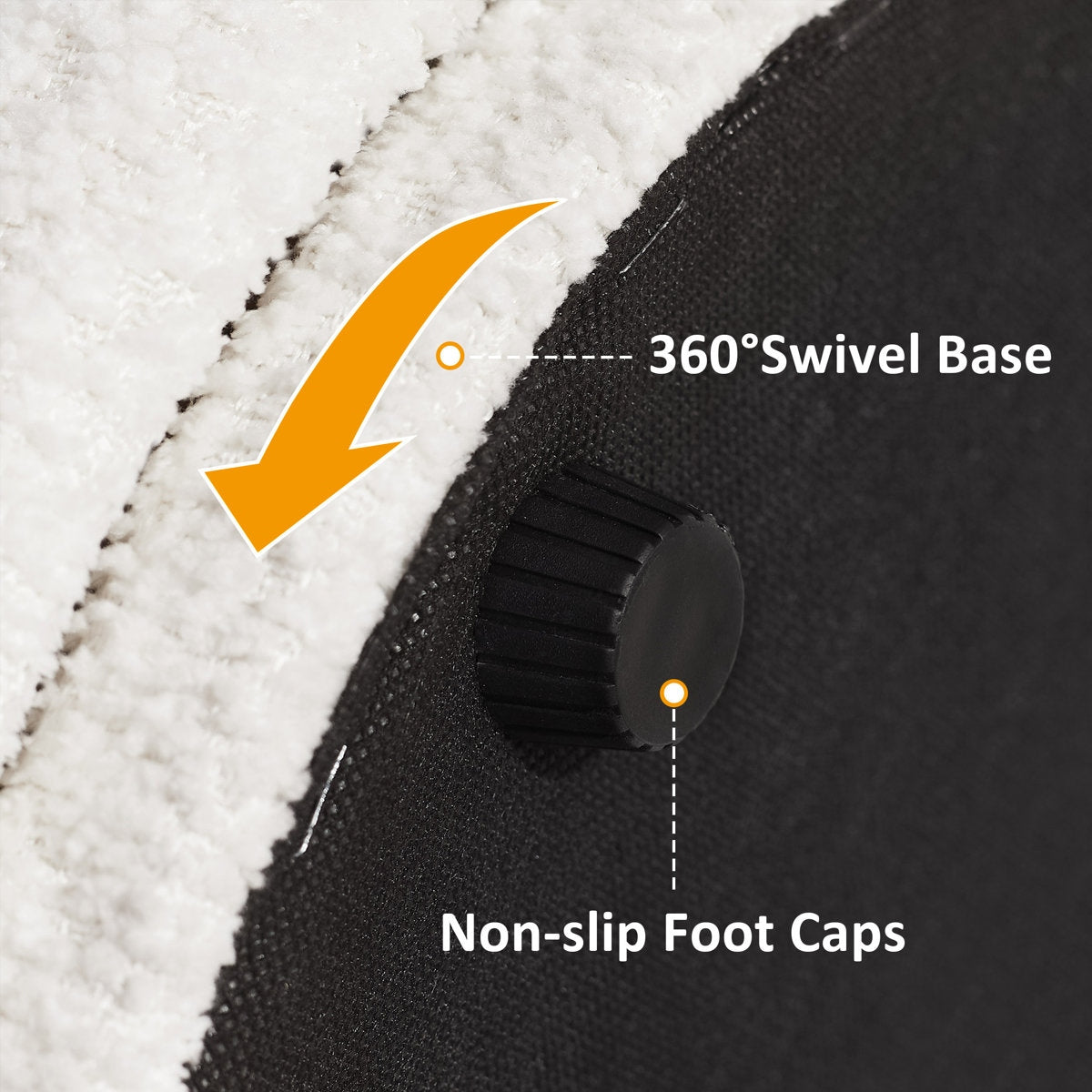 Close-up of a product with a 360-degree swivel base and non-slip foot caps on a textured surface.