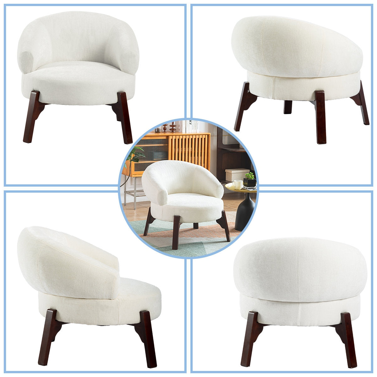 Collage of a white armchair with wooden legs in various angles.