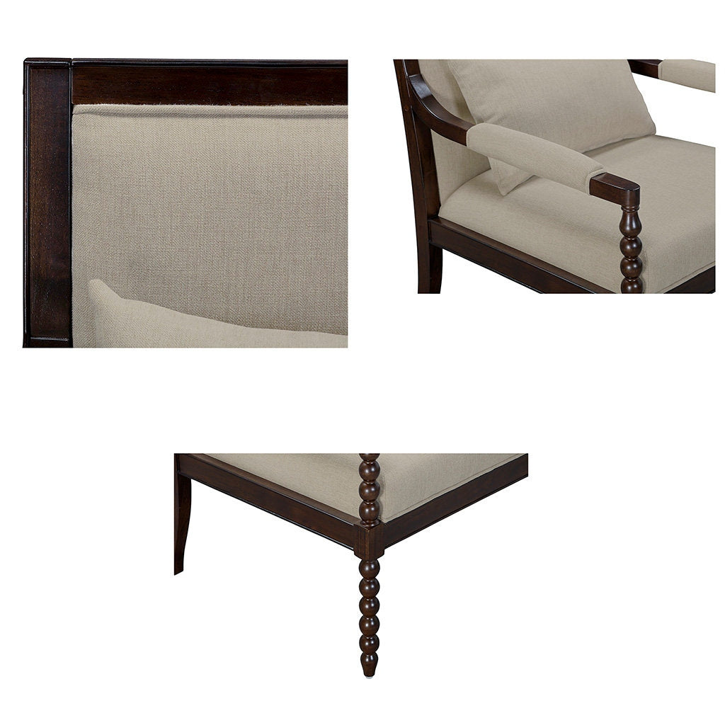 Collage of a wooden chair with beige cushions and a matching table on a white background.