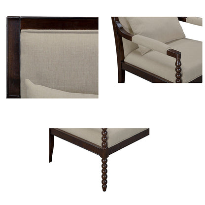 Collage of a wooden chair with beige cushions and a matching table on a white background.