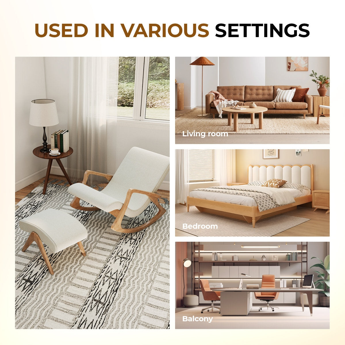 Collage of furniture in different rooms with text 'Used in Various Settings'.
