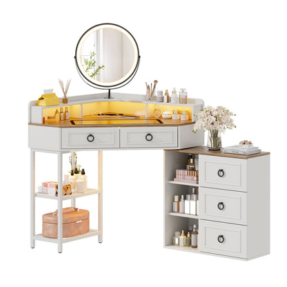 Corner vanity table with mirror, drawers, and shelves on a white background