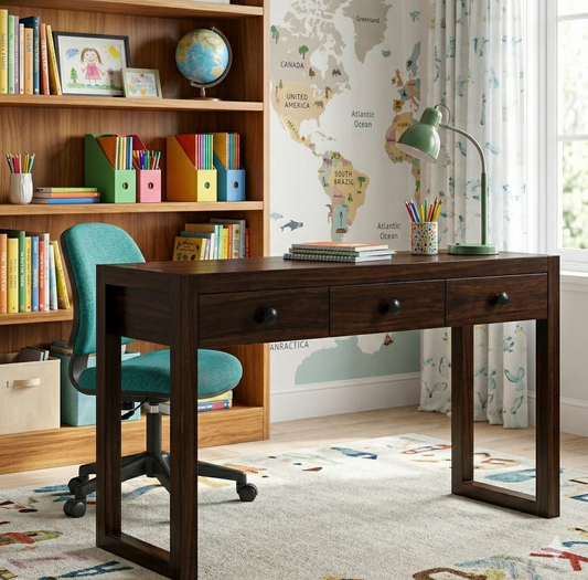 Home office with wooden desk, bookshelf, and world map in a child-friendly room.