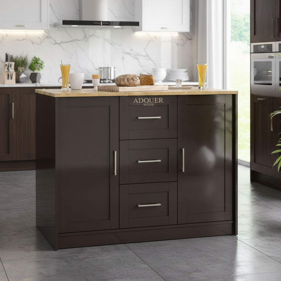 Dark brown kitchen island with drawers and Adouer branding in a modern kitchen setting.