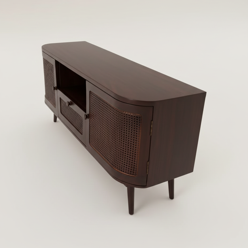 Dark brown wooden cabinet with wicker door on a white background