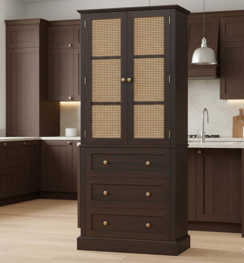 Dark wood cabinet with wicker doors in a kitchen setting