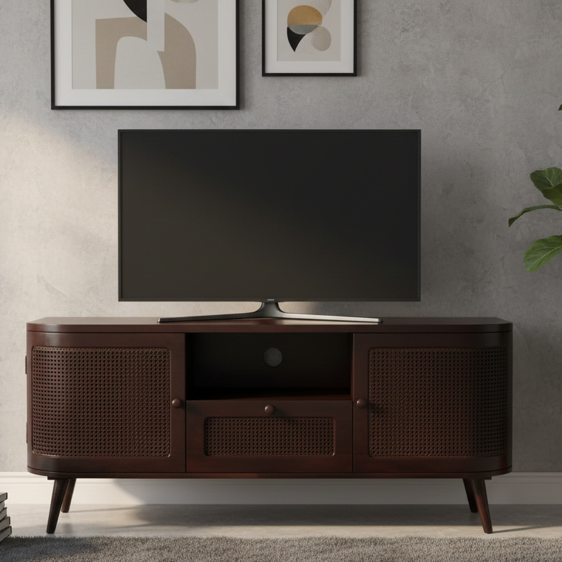 Dark wooden TV stand with a television on top against a gray wall with framed art.