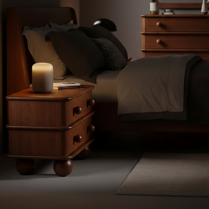 Dark bedroom with wooden nightstand, bed, and candle