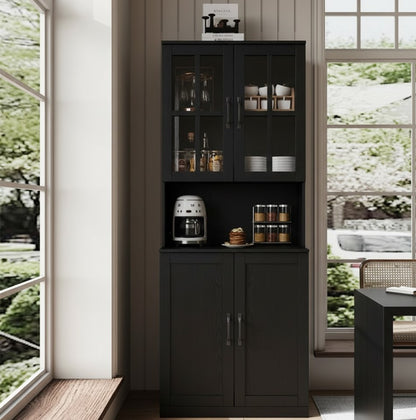 Dark wooden cabinet with glass doors and shelves in a room with large windows.