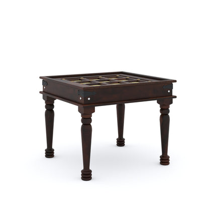 Dark wooden game table with checkers on a white background