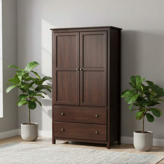 Dark wooden wardrobe with two doors and two drawers in a room with two potted plants.