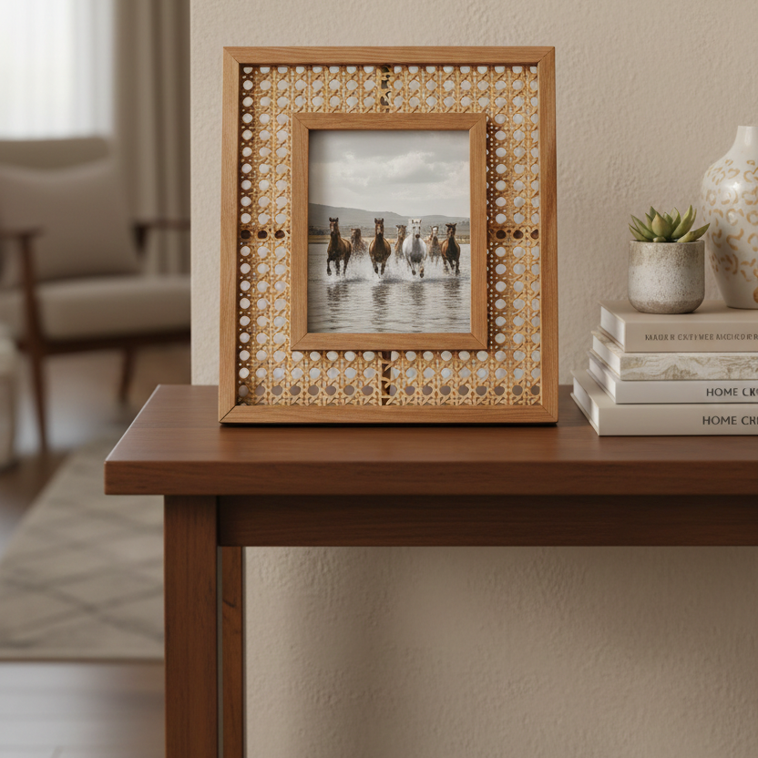 Decorative photo frame with wicker design on a wooden table.
