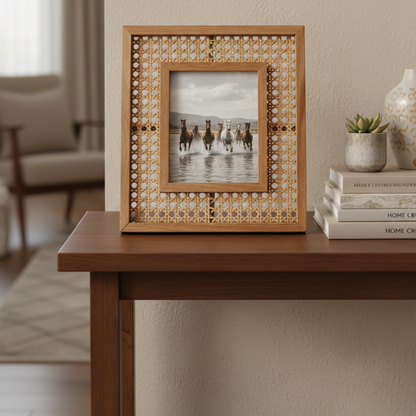 Decorative photo frame with wicker design on a wooden table.