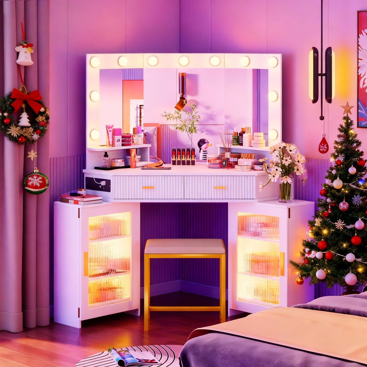 Decorative bedroom with a vanity mirror, Christmas tree, and festive decorations.