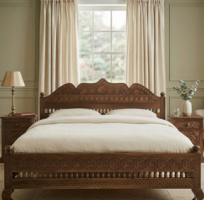 Decorative wooden bed in a bedroom with curtains and a lamp.