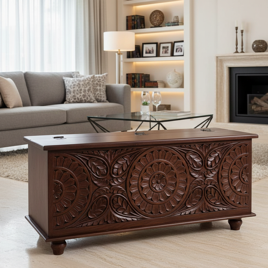 Decorative wooden chest in a living room setting with a couch and coffee table.
