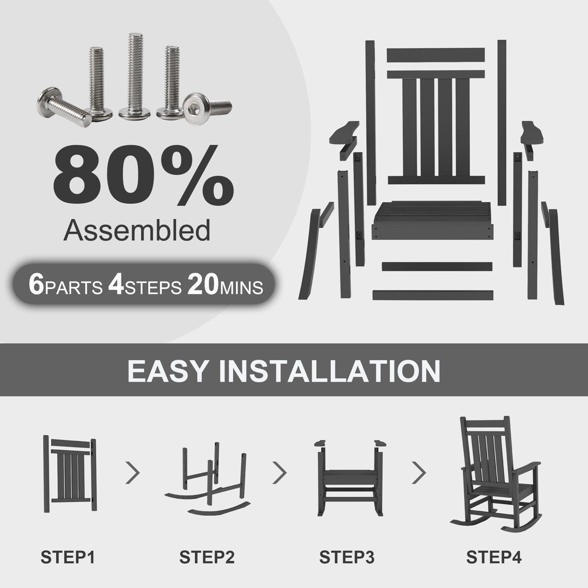 Diagram of a rocking chair assembly process with text indicating assembly progress and steps.