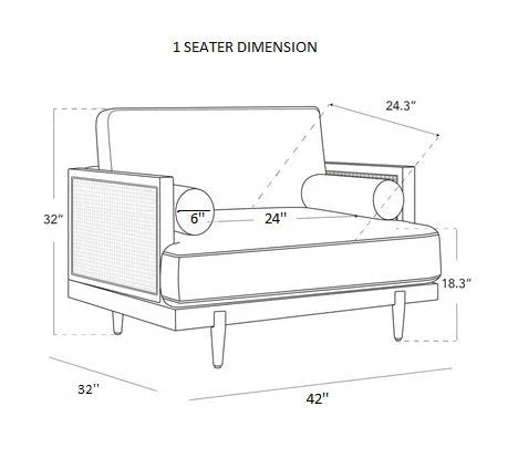 Dimensions of a 1-seater sofa with labeled measurements on a white background