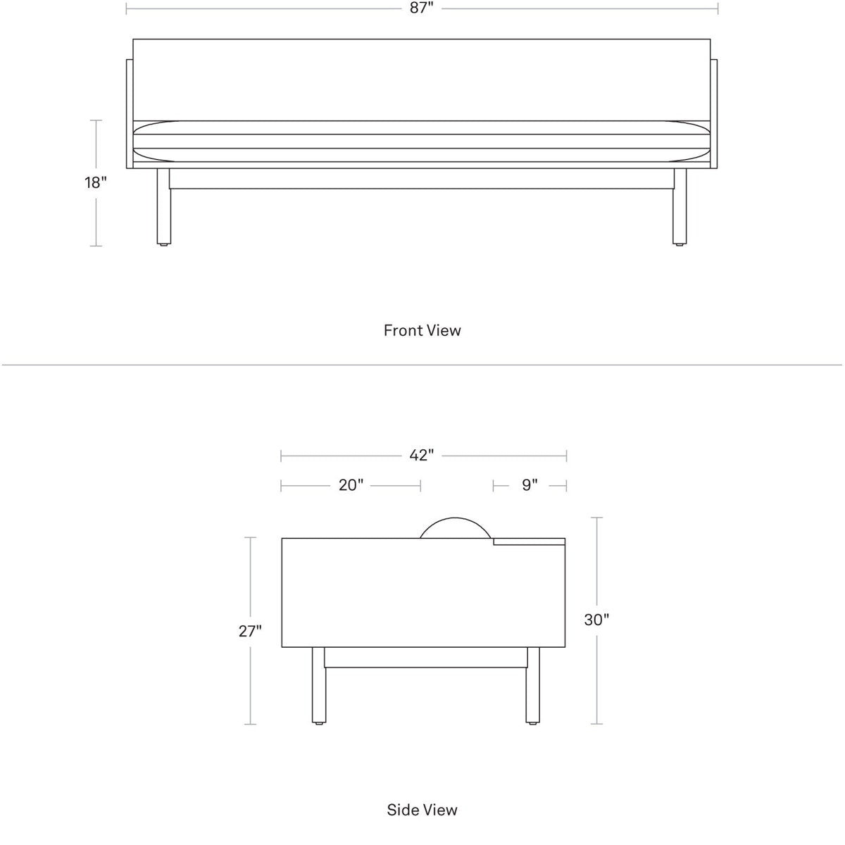 Dimensions of a bench shown in front and side views with measurements in inches.