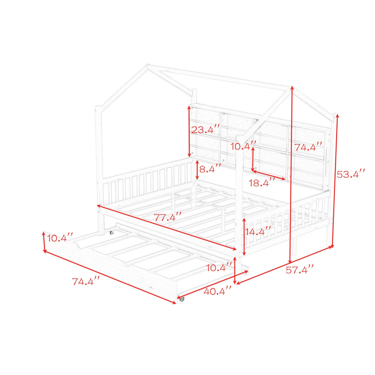 Dimensions of a children's playhouse with red measurement lines on a white background