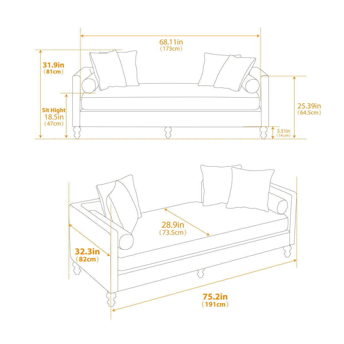 Dimensions of a sofa and loveseat with measurements in inches and centimeters.