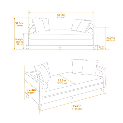 Dimensions of a sofa and loveseat with measurements in inches and centimeters.