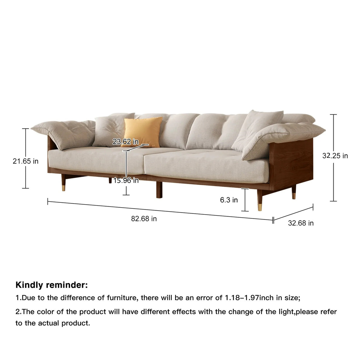 Dimensions of a sofa with measurements labeled on a white background
