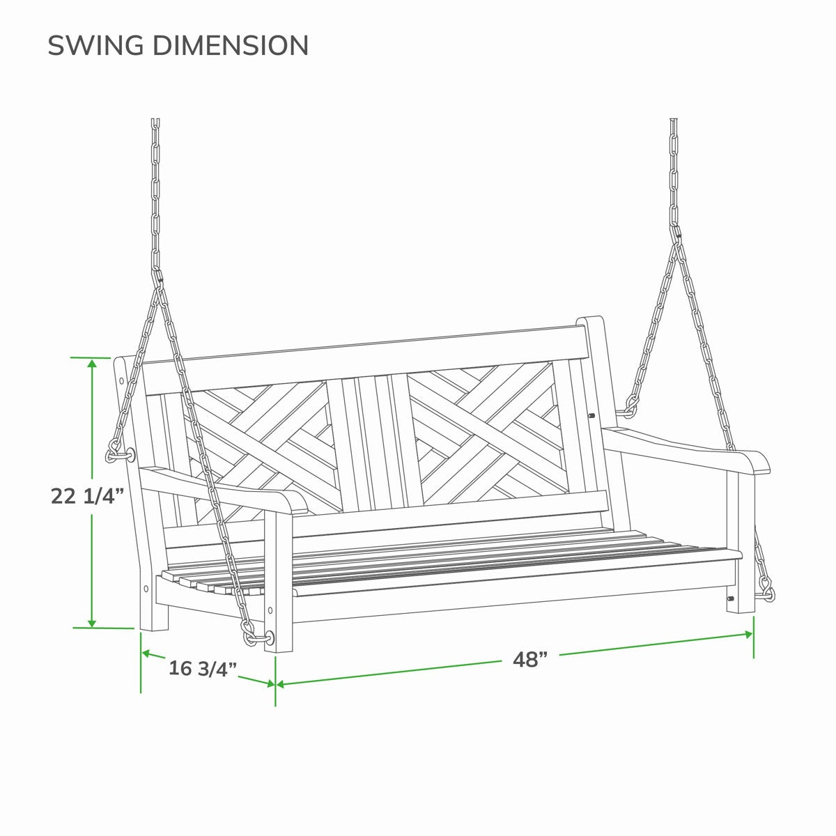 Dimensions of a wooden porch swing on a white background