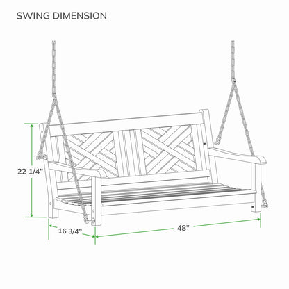 Dimensions of a wooden porch swing on a white background