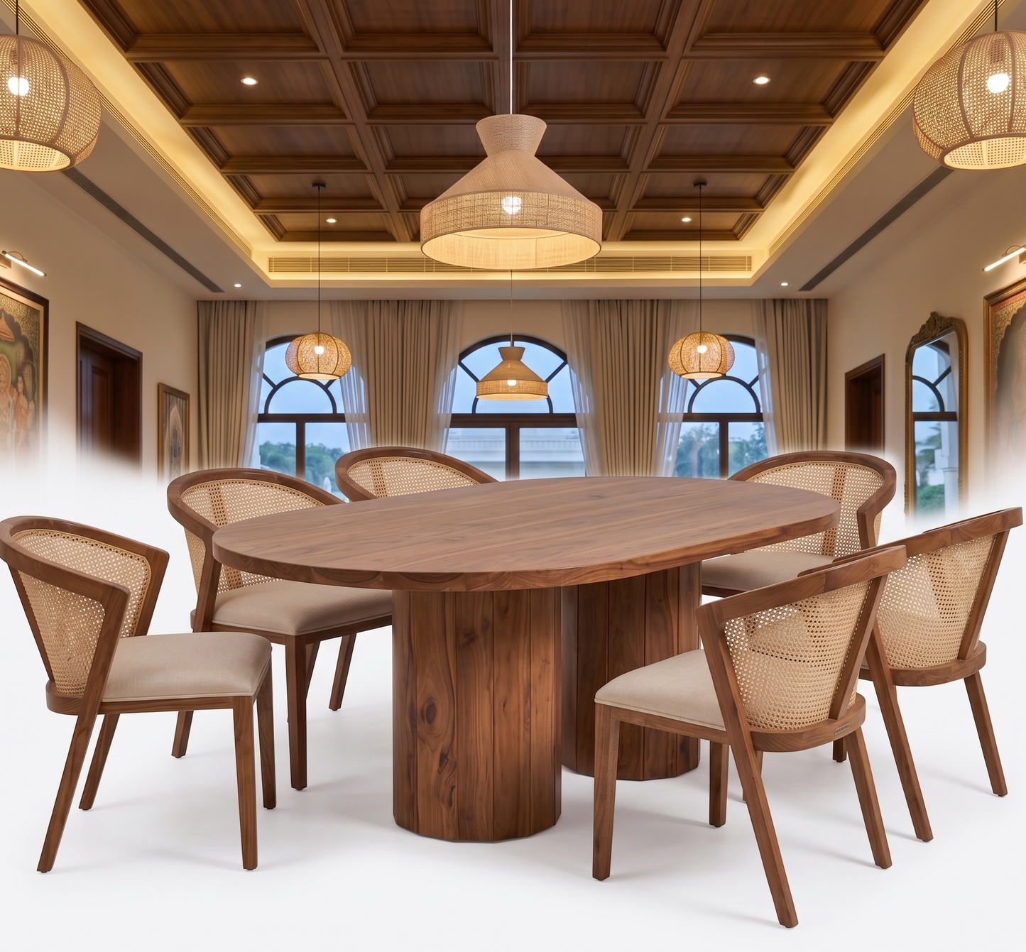 Dining room with wooden table and chairs, large windows, and elegant ceiling design.