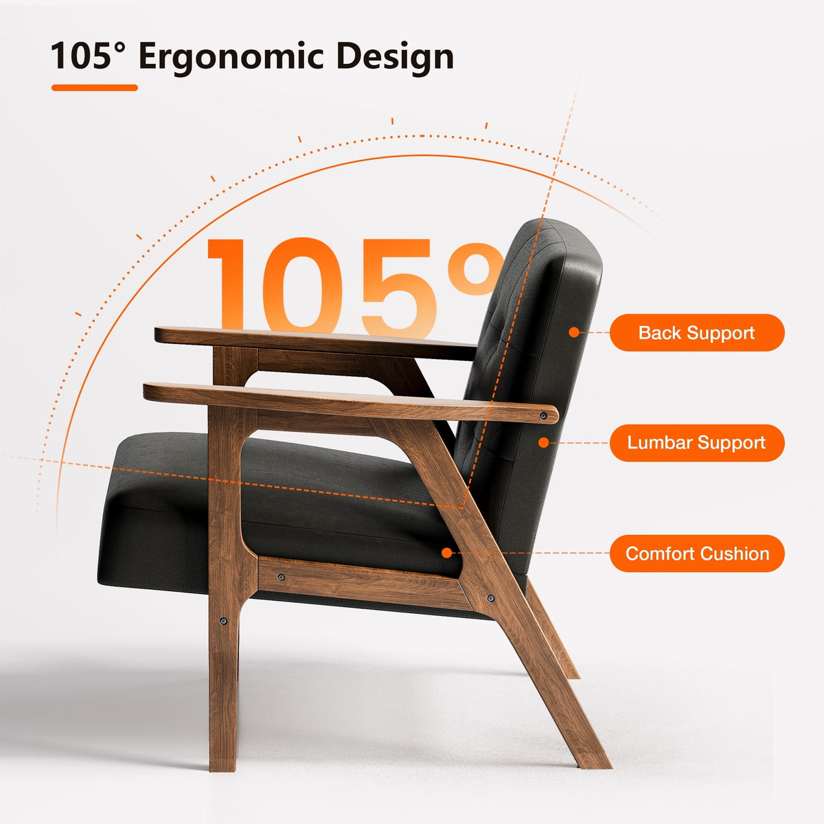 Ergonomic chair with 105-degree design on a white background