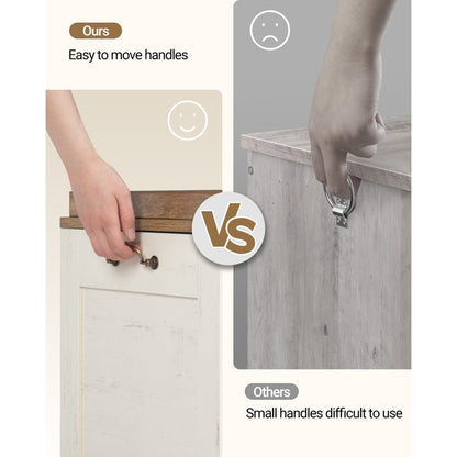 Comparison of easy-to-move handles on a cabinet with small, difficult-to-use handles.