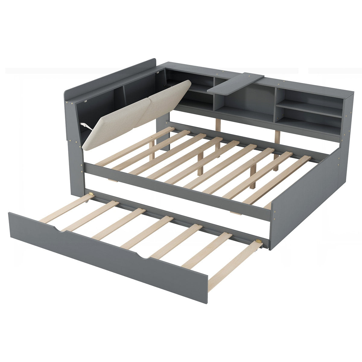 Gray L-shaped bed with pull-out trundle on a white background