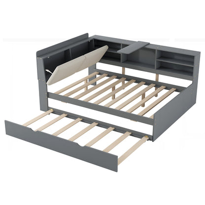 Gray L-shaped bed with pull-out trundle on a white background
