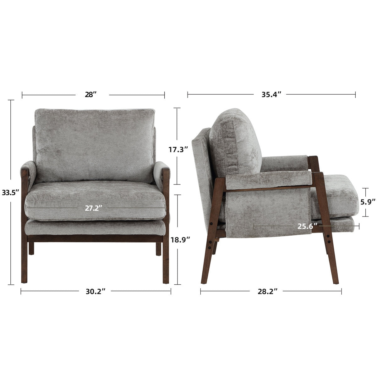 Gray armchair with dimensions labeled on a white background
