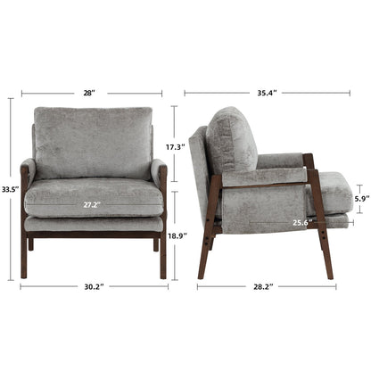 Gray armchair with dimensions labeled on a white background