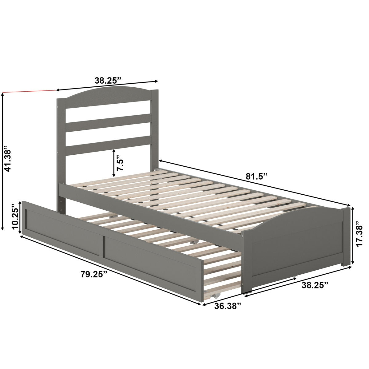 Gray bed frame with dimensions labeled on a white background
