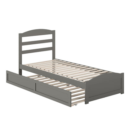 Gray bed frame with slatted design on a white background