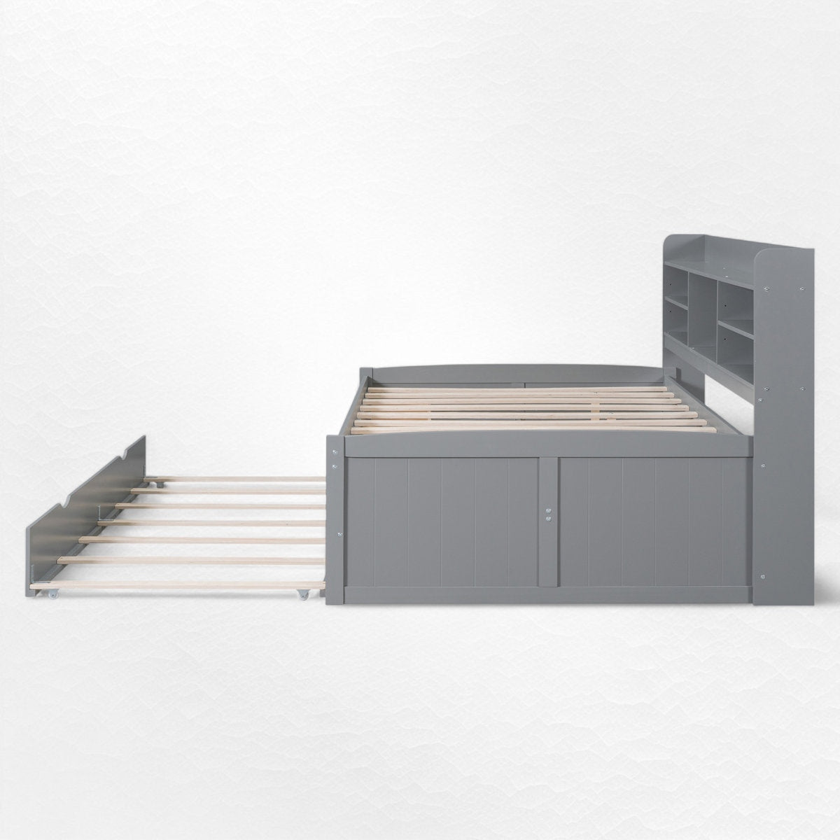 Gray bed frame with storage compartments on a white background