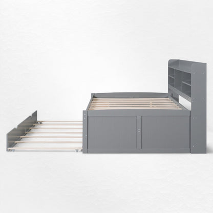 Gray bed frame with storage compartments on a white background