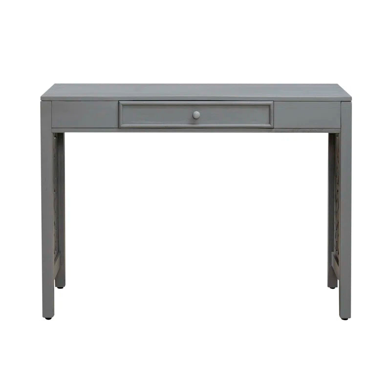 Gray console table with a drawer on a white background